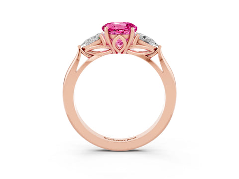 Rose gold Round Cut Pink Sapphire Three-Stone Ring with Pear Side Stones and Four-Prong Setting_15