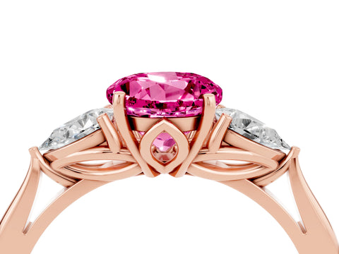 Rose gold Round Cut Pink Sapphire Three-Stone Ring with Pear Side Stones and Four-Prong Setting_16