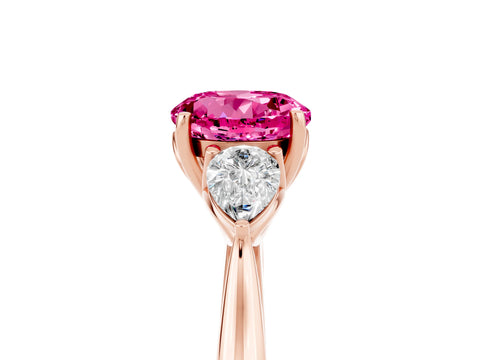 Rose gold Round Cut Pink Sapphire Three-Stone Ring with Pear Side Stones and Four-Prong Setting_17