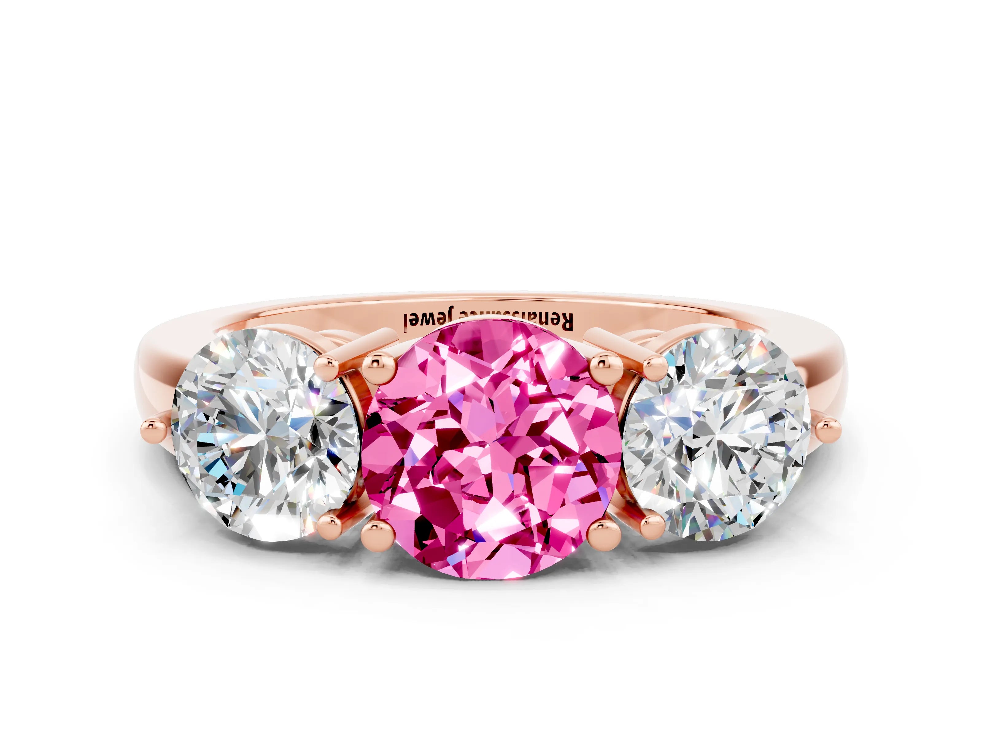 Rose gold Round Cut Pink Sapphire Three-Stone Ring with Prong Setting and Classic Band