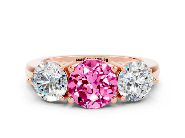 Rose gold Round Cut Pink Sapphire Three-Stone Ring with Prong Setting and Classic Band
