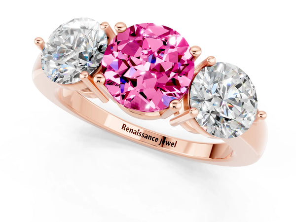 Rose gold Round Cut Pink Sapphire Three-Stone Ring with Prong Setting and Classic Band