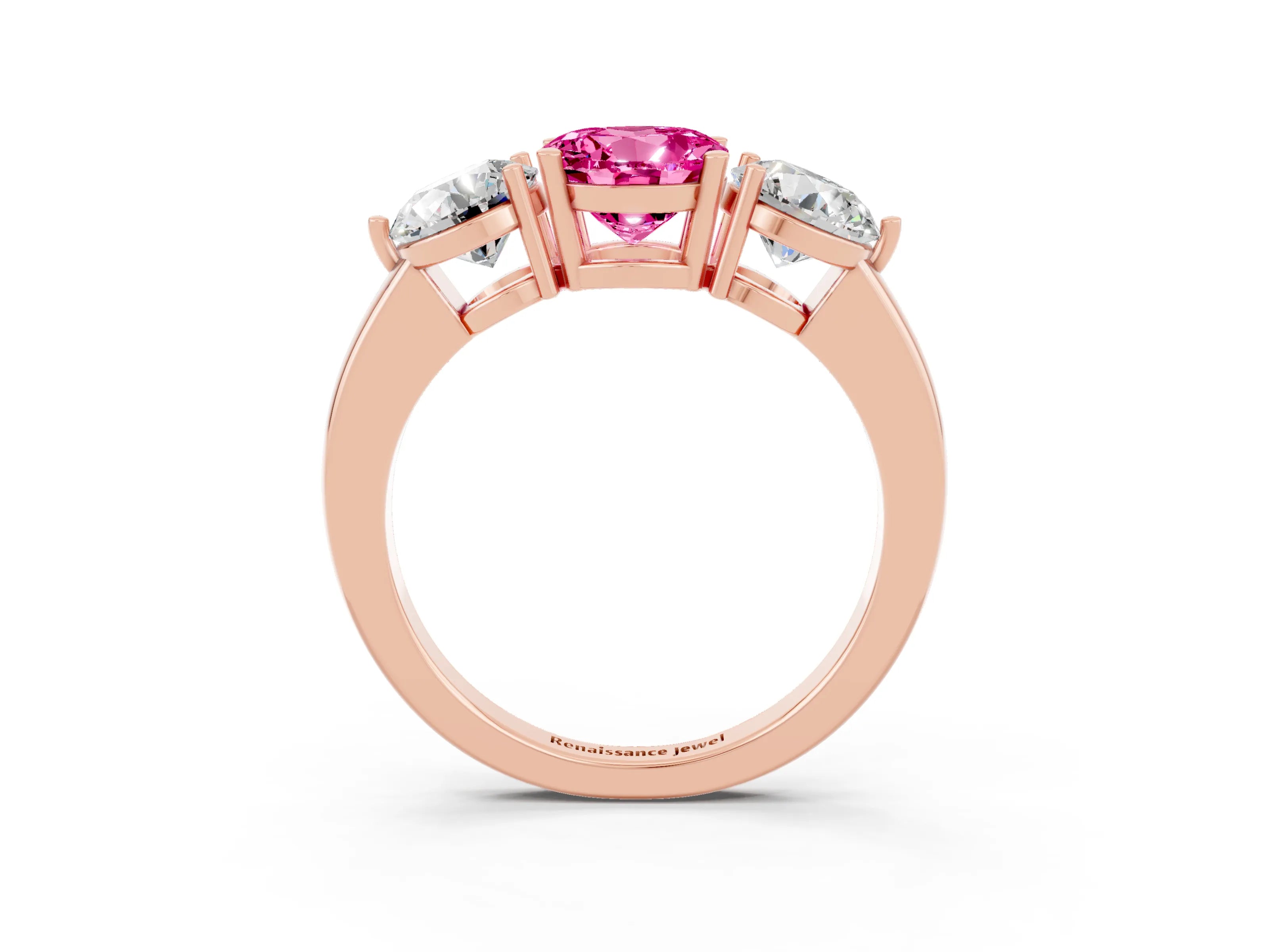 Rose gold Round Cut Pink Sapphire Three-Stone Ring with Prong Setting and Classic Band_3