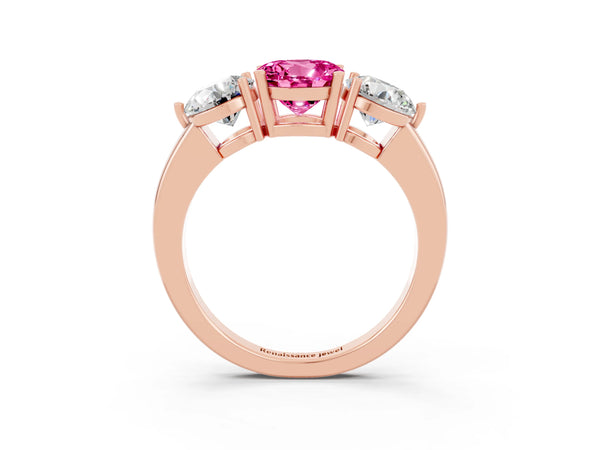 Rose gold Round Cut Pink Sapphire Three-Stone Ring with Prong Setting and Classic Band