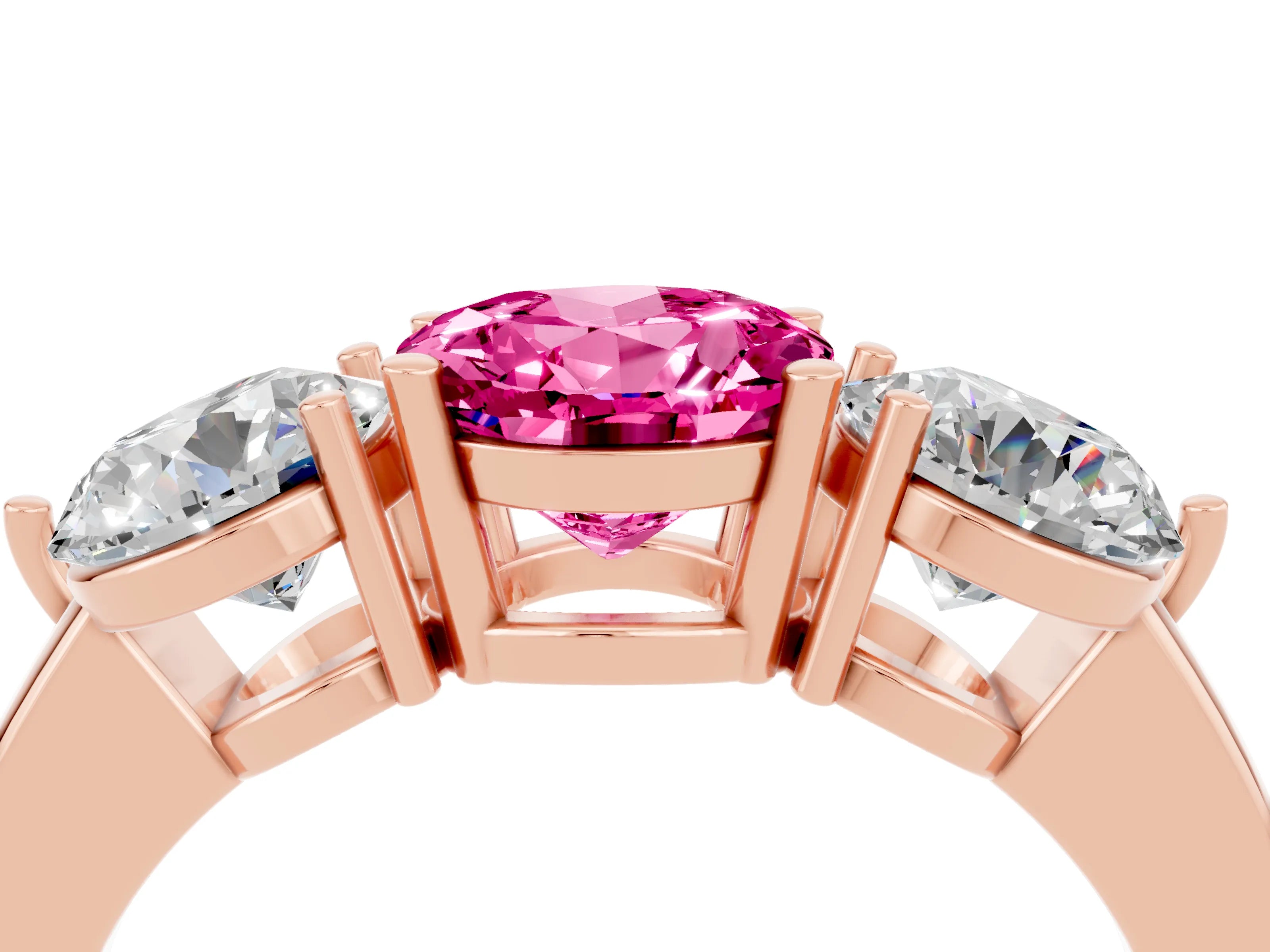 Rose gold Round Cut Pink Sapphire Three-Stone Ring with Prong Setting and Classic Band_4