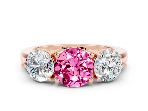 Rose gold Round Cut Pink Sapphire Three-Stone Ring with Prong Setting and Classic Band