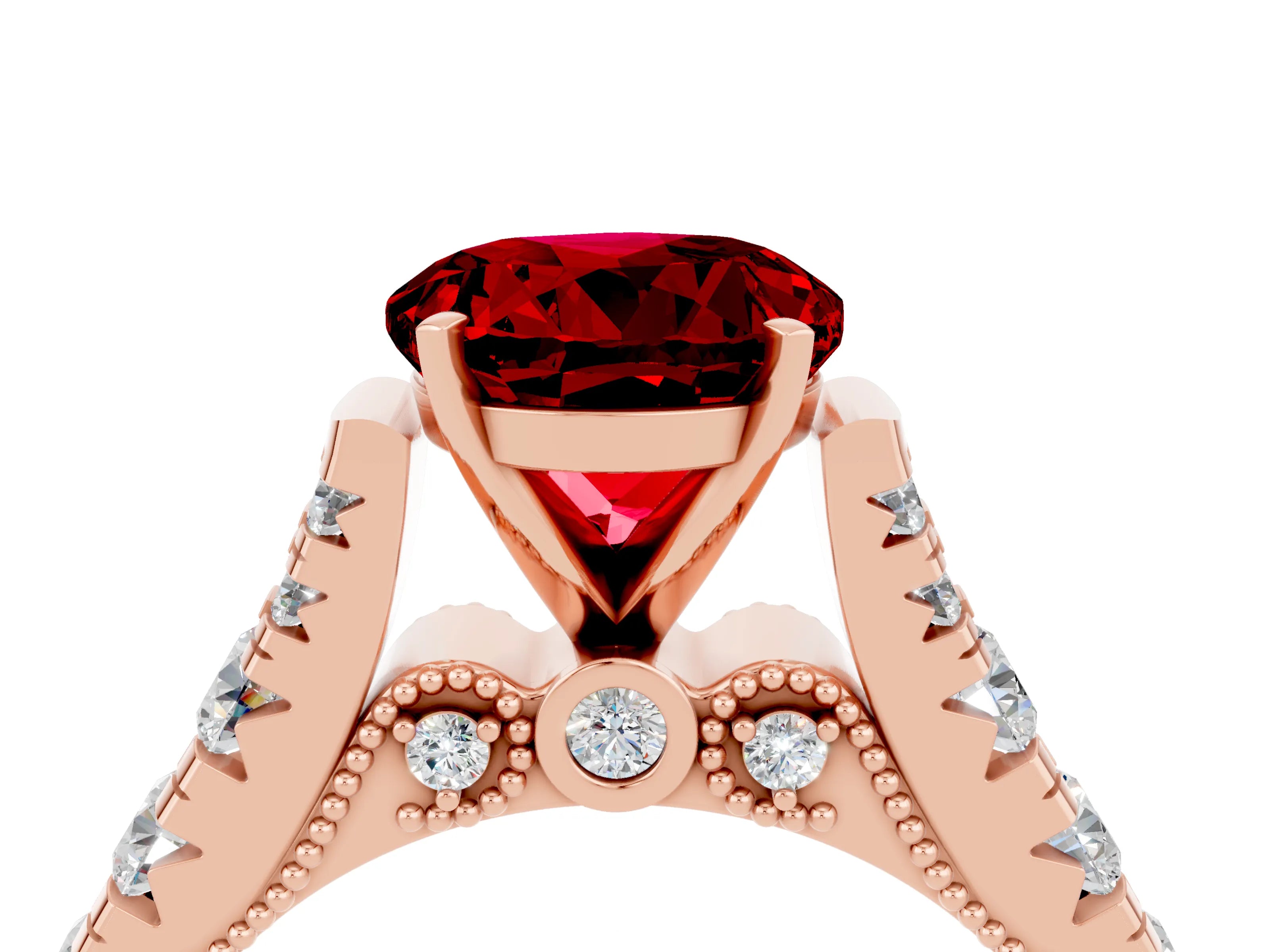 Rose gold Round Cut Ruby Classic Solitaire Ring with Pavé Band and Four-Prong Setting_14