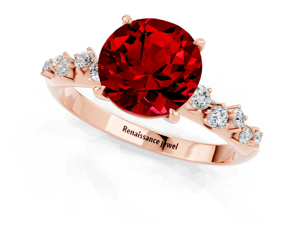 Rose gold Round Cut Ruby Cluster Side Stone Solitaire Ring with Prong Setting