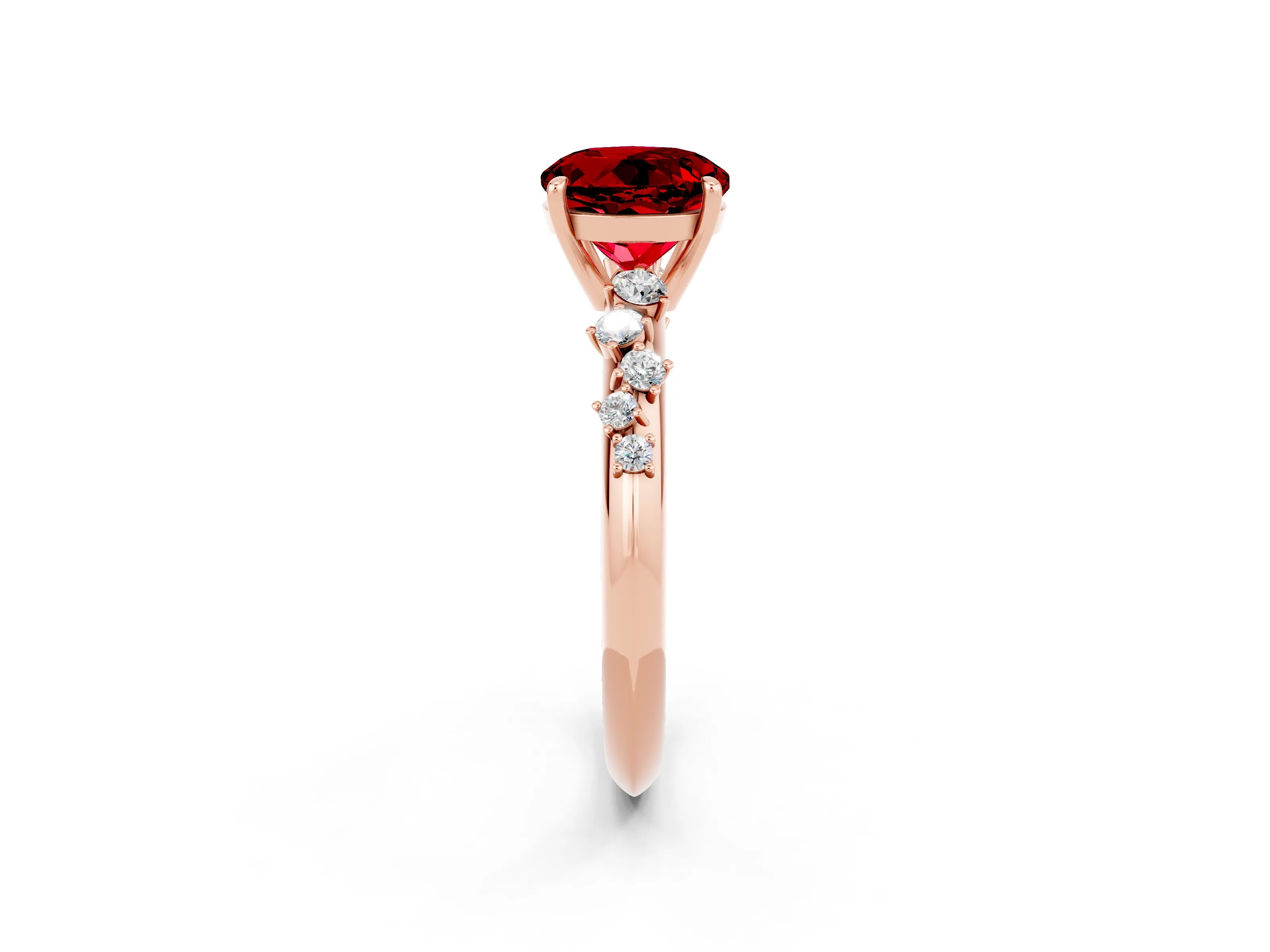 Rose gold Round Cut Ruby Cluster Side Stone Solitaire Ring with Prong Setting_26