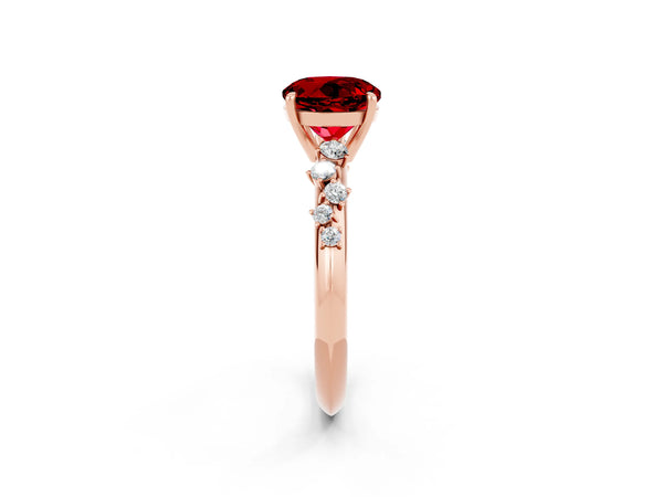 Rose gold Round Cut Ruby Cluster Side Stone Solitaire Ring with Prong Setting