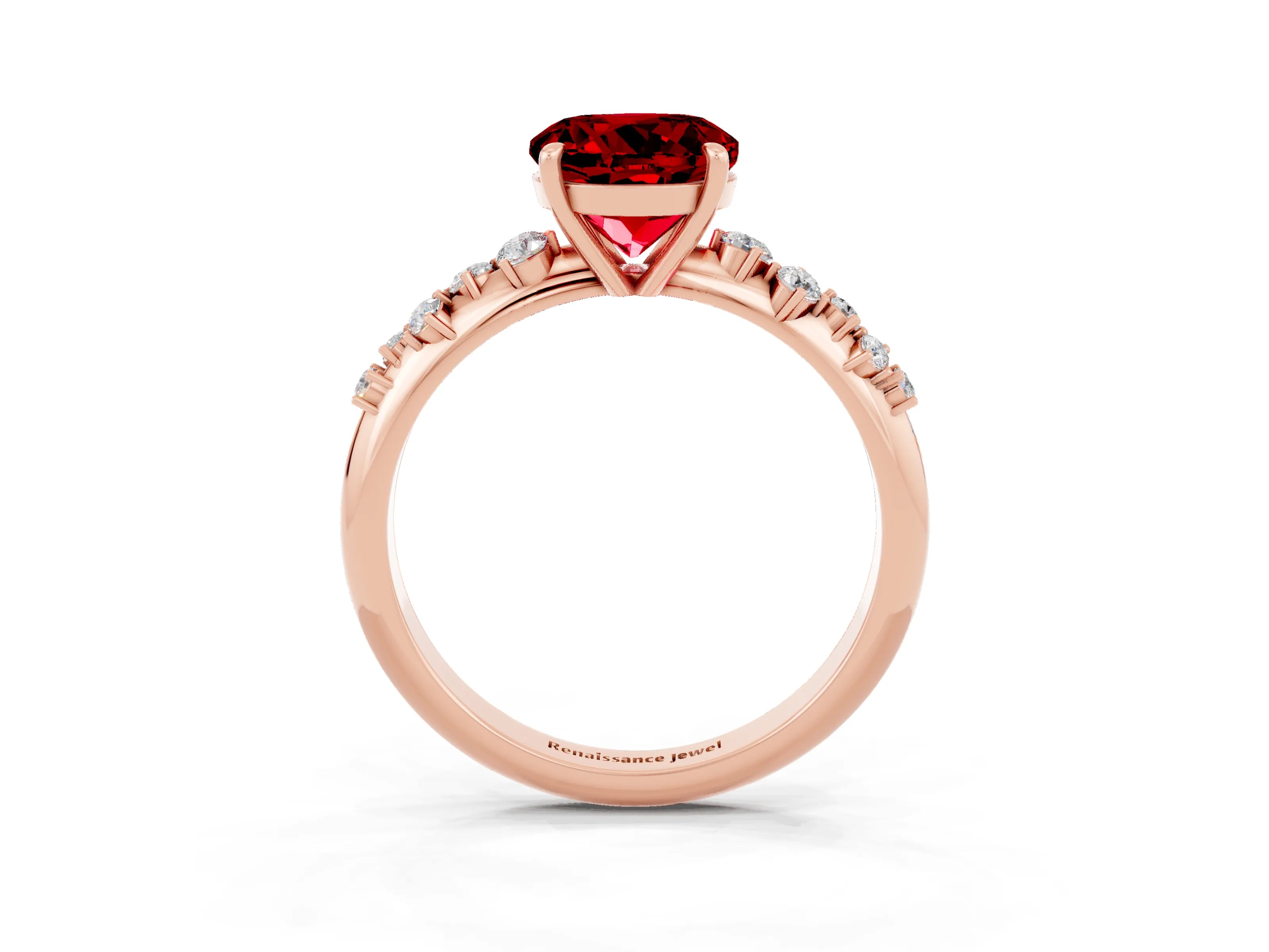 Rose gold Round Cut Ruby Cluster Side Stone Solitaire Ring with Prong Setting_27
