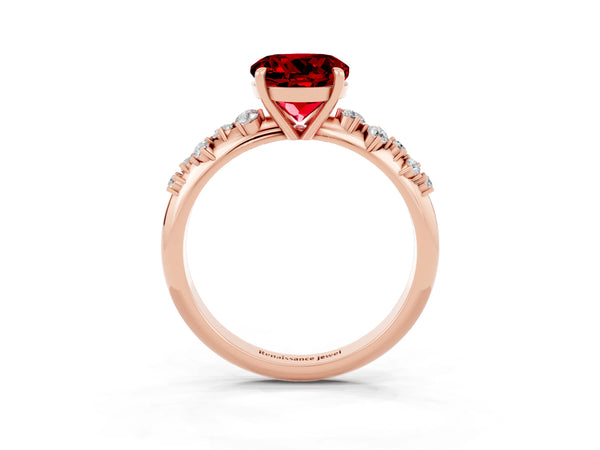 Rose gold Round Cut Ruby Cluster Side Stone Solitaire Ring with Prong Setting