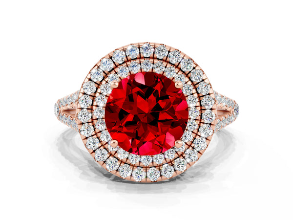 Rose gold Round Cut Ruby Double Halo Ring with Pavé Band and Prong Setting
