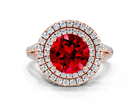 Rose gold Round Cut Ruby Double Halo Ring with Pavé Band and Prong Setting_12