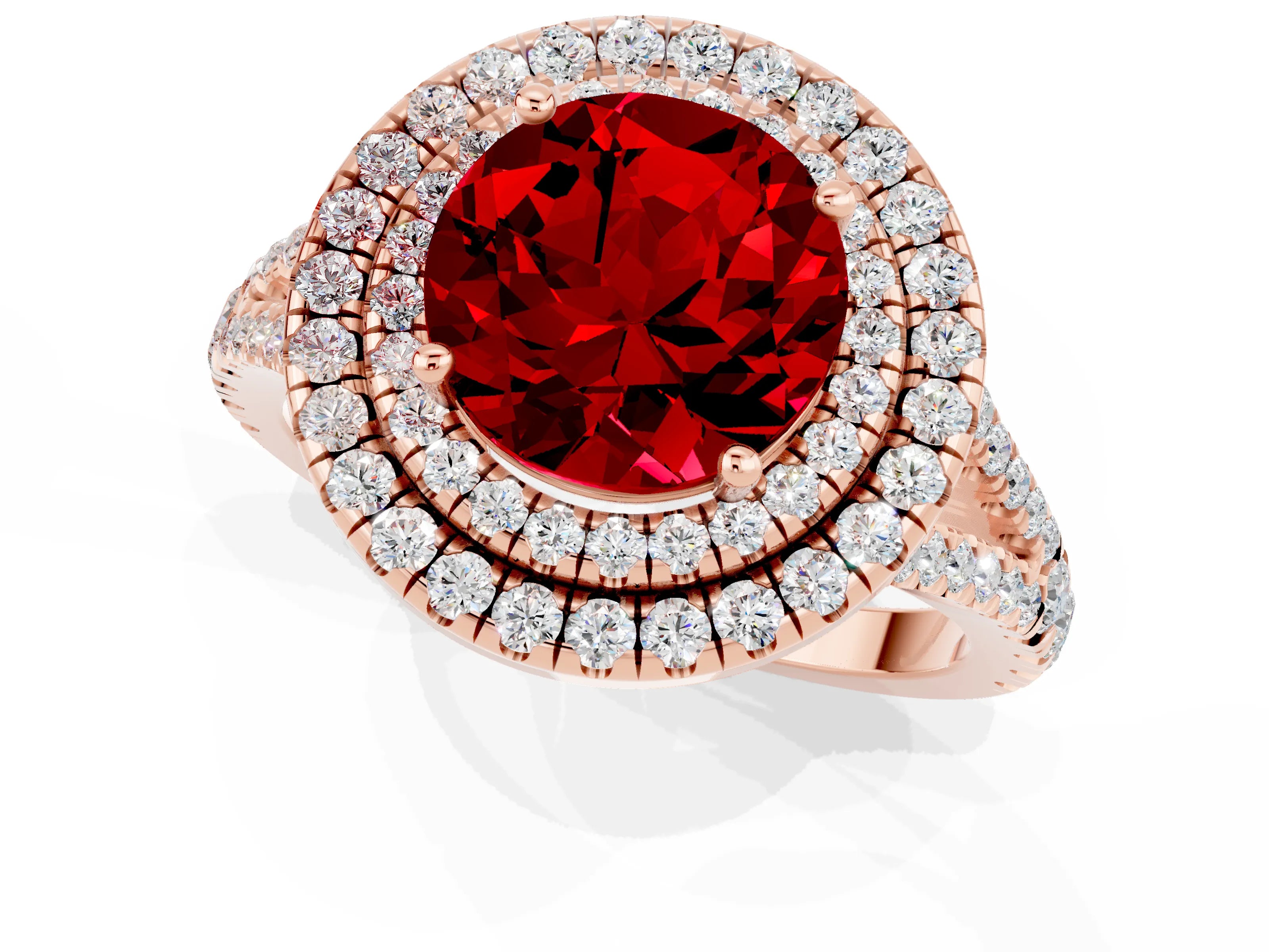 Rose gold Round Cut Ruby Double Halo Ring with Pavé Band and Prong Setting_13