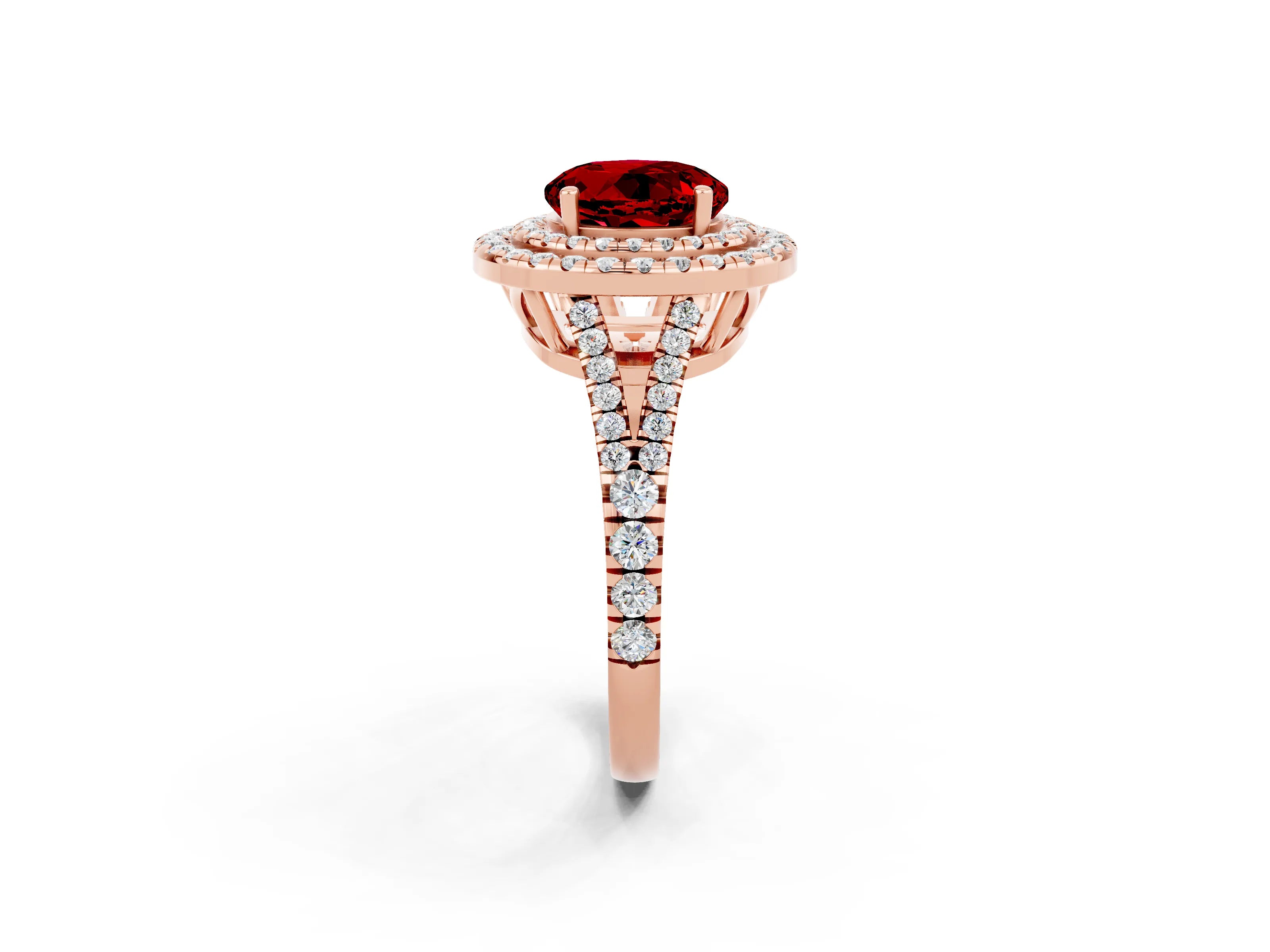 Rose gold Round Cut Ruby Double Halo Ring with Pavé Band and Prong Setting_14
