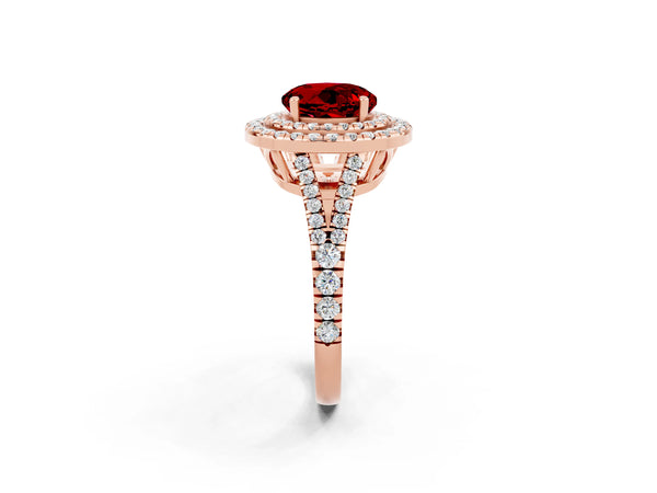 Rose gold Round Cut Ruby Double Halo Ring with Pavé Band and Prong Setting