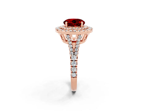 Rose gold Round Cut Ruby Double Halo Ring with Pavé Band and Prong Setting_14