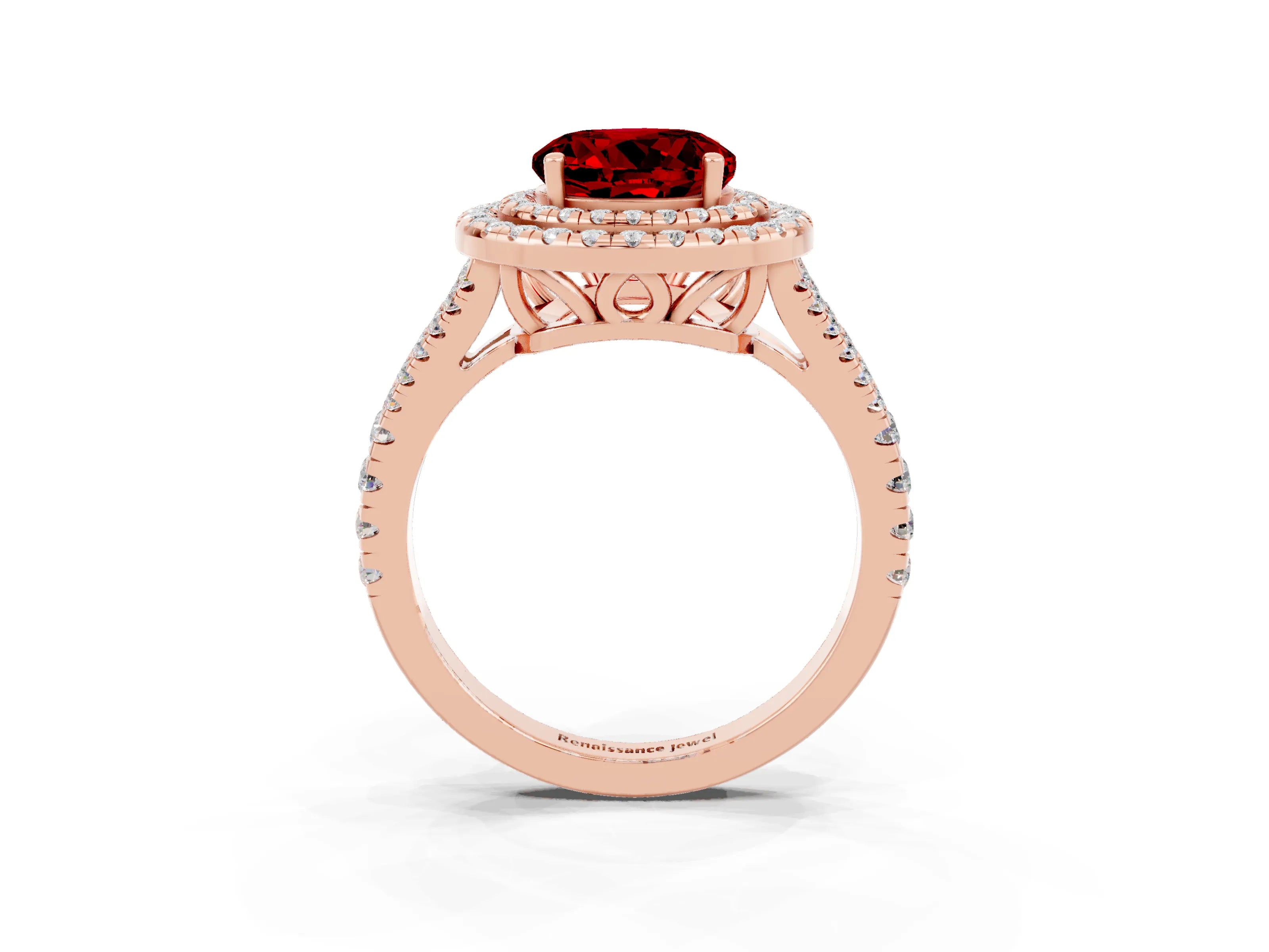 Rose gold Round Cut Ruby Double Halo Ring with Pavé Band and Prong Setting_15