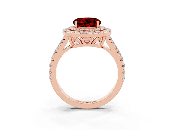 Rose gold Round Cut Ruby Double Halo Ring with Pavé Band and Prong Setting