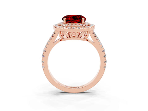 Rose gold Round Cut Ruby Double Halo Ring with Pavé Band and Prong Setting_15