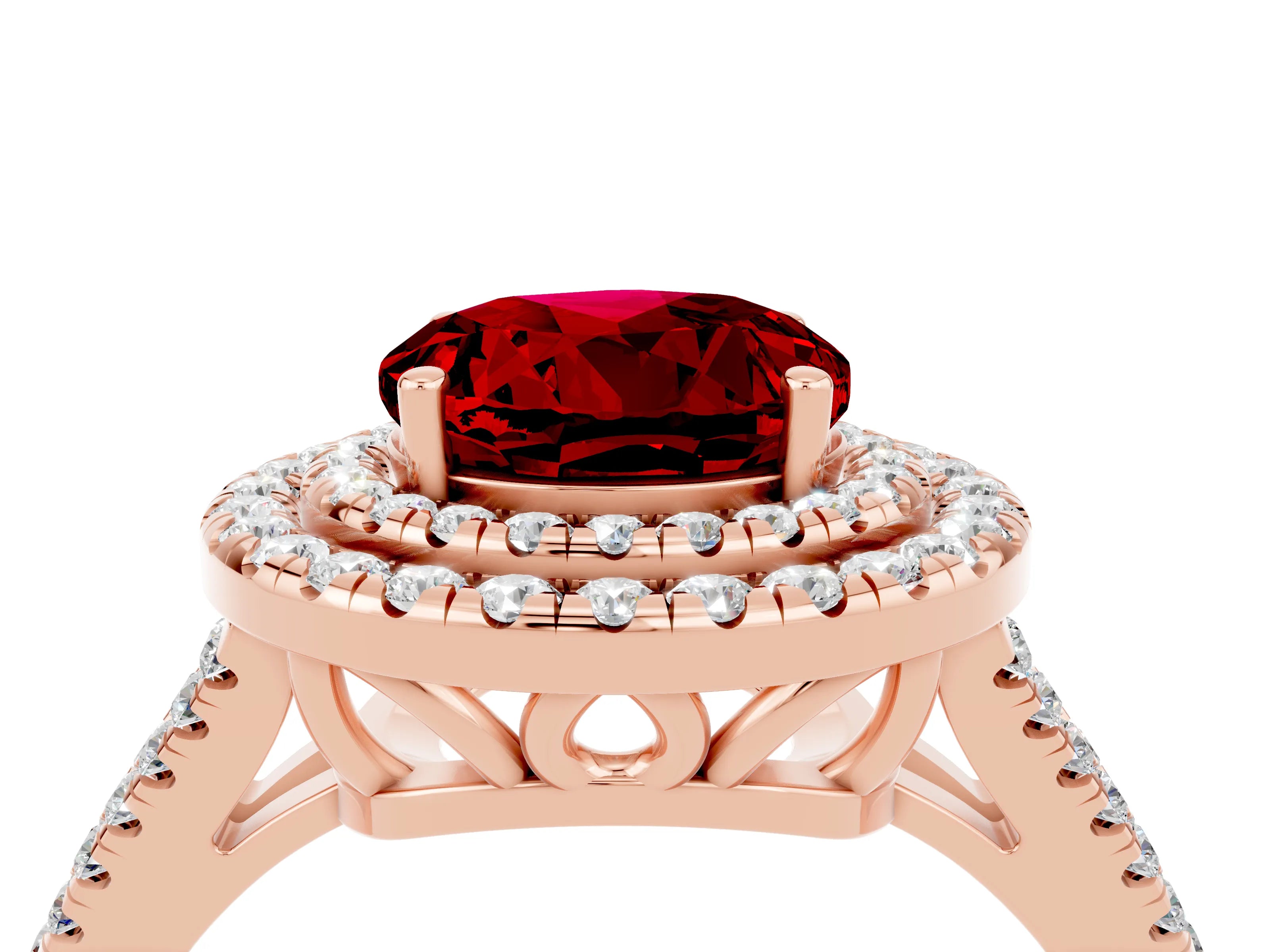 Rose gold Round Cut Ruby Double Halo Ring with Pavé Band and Prong Setting_16