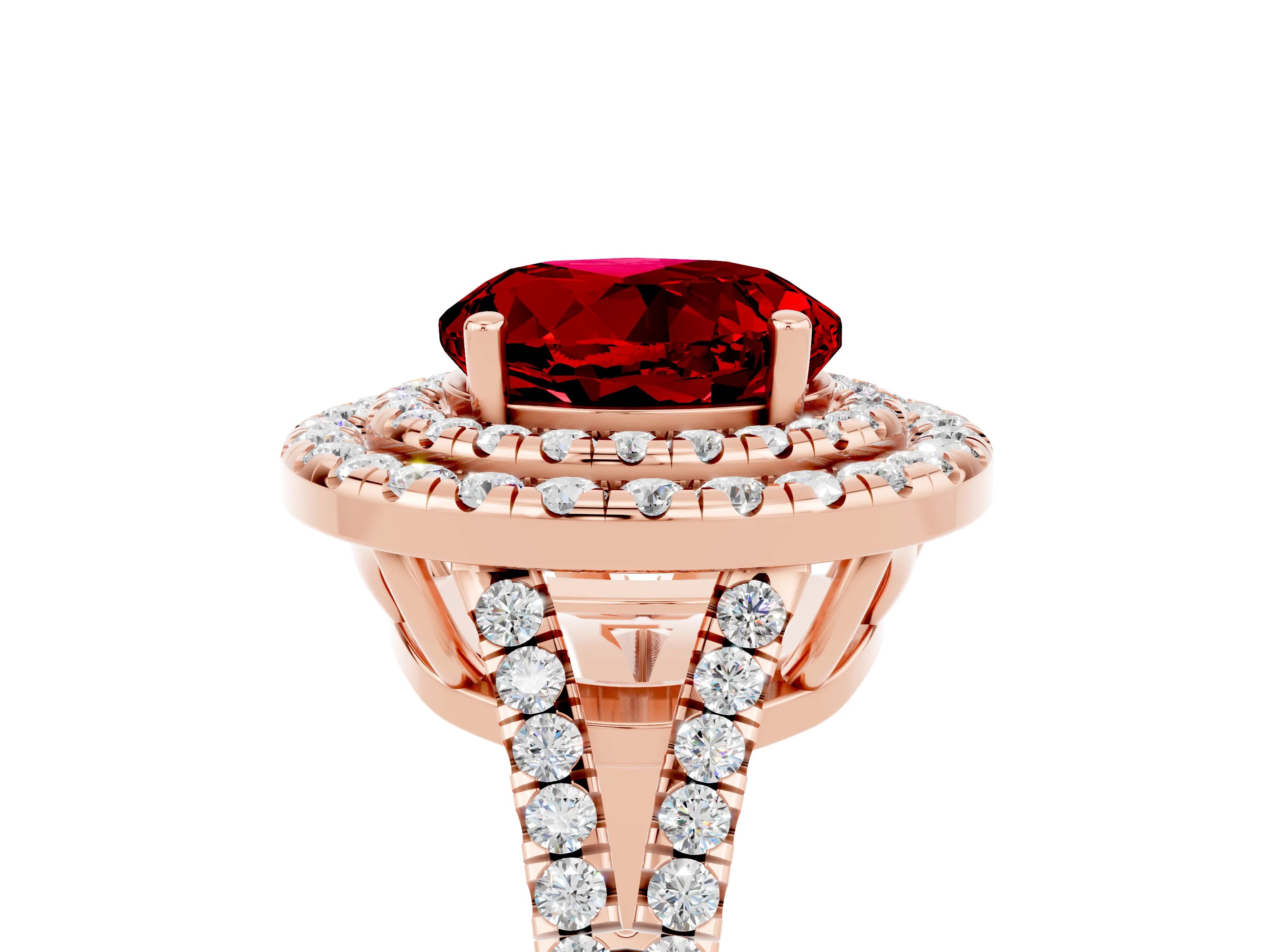 Rose gold Round Cut Ruby Double Halo Ring with Pavé Band and Prong Setting_17