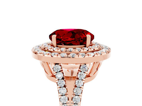 Rose gold Round Cut Ruby Double Halo Ring with Pavé Band and Prong Setting_17