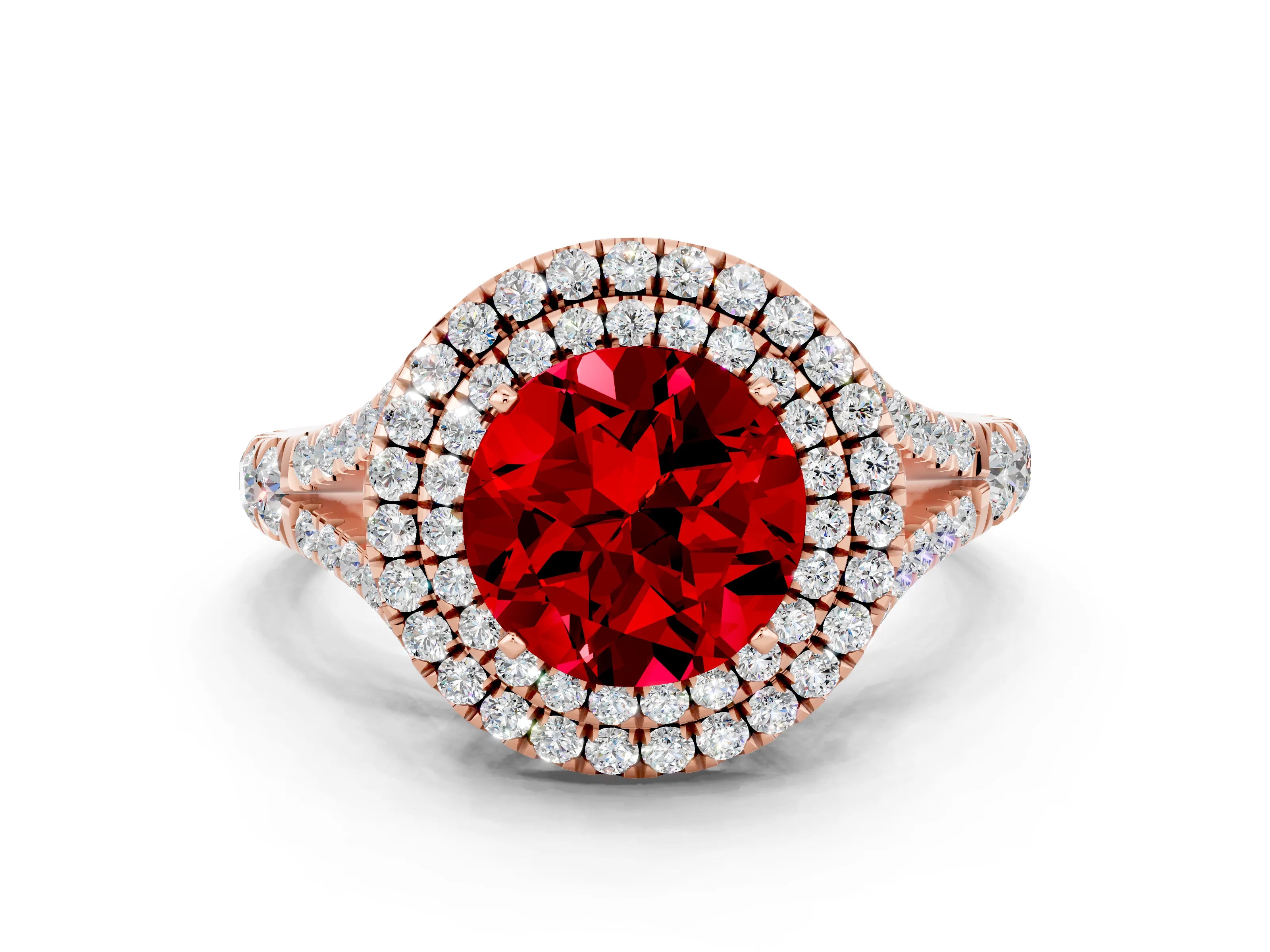 Rose gold Round Cut Ruby Double Halo Ring with Split Shank and Prong Setting_12