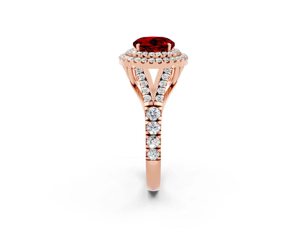 Rose gold Round Cut Ruby Double Halo Ring with Split Shank and Prong Setting
