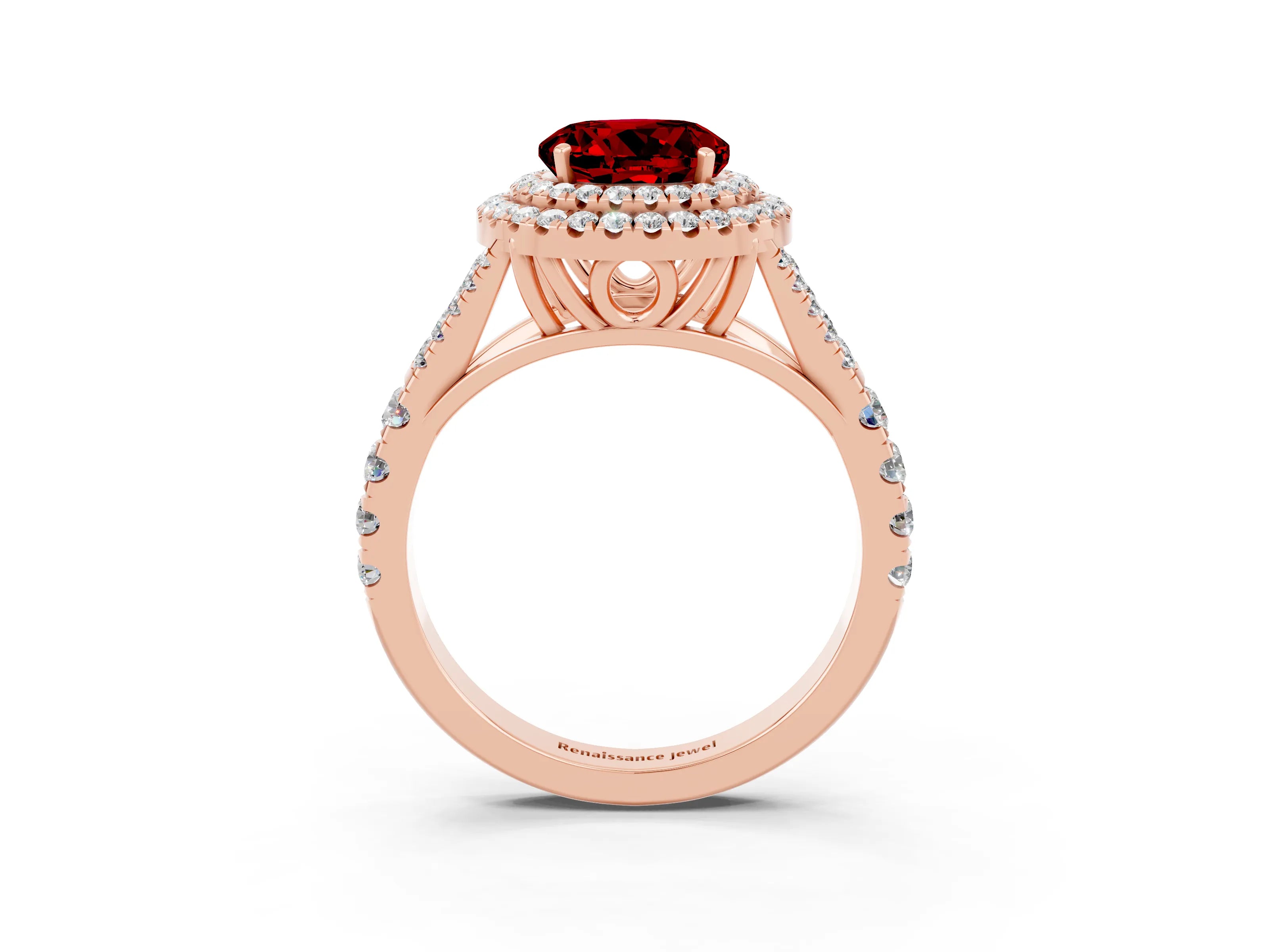 Rose gold Round Cut Ruby Double Halo Ring with Split Shank and Prong Setting_15