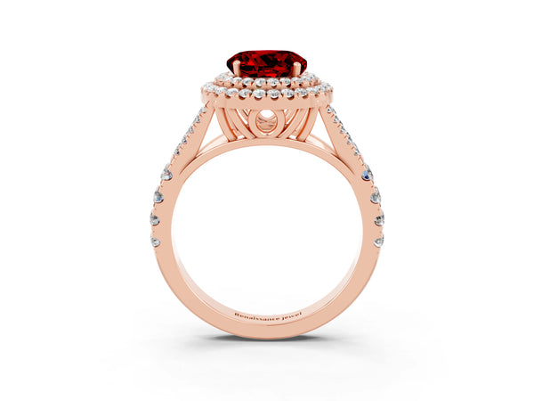 Rose gold Round Cut Ruby Double Halo Ring with Split Shank and Prong Setting