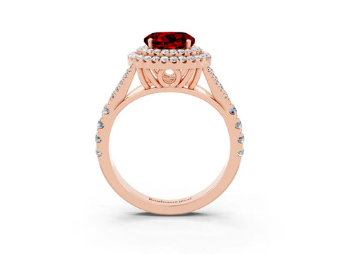 Rose gold Round Cut Ruby Double Halo Ring with Split Shank and Prong Setting_15