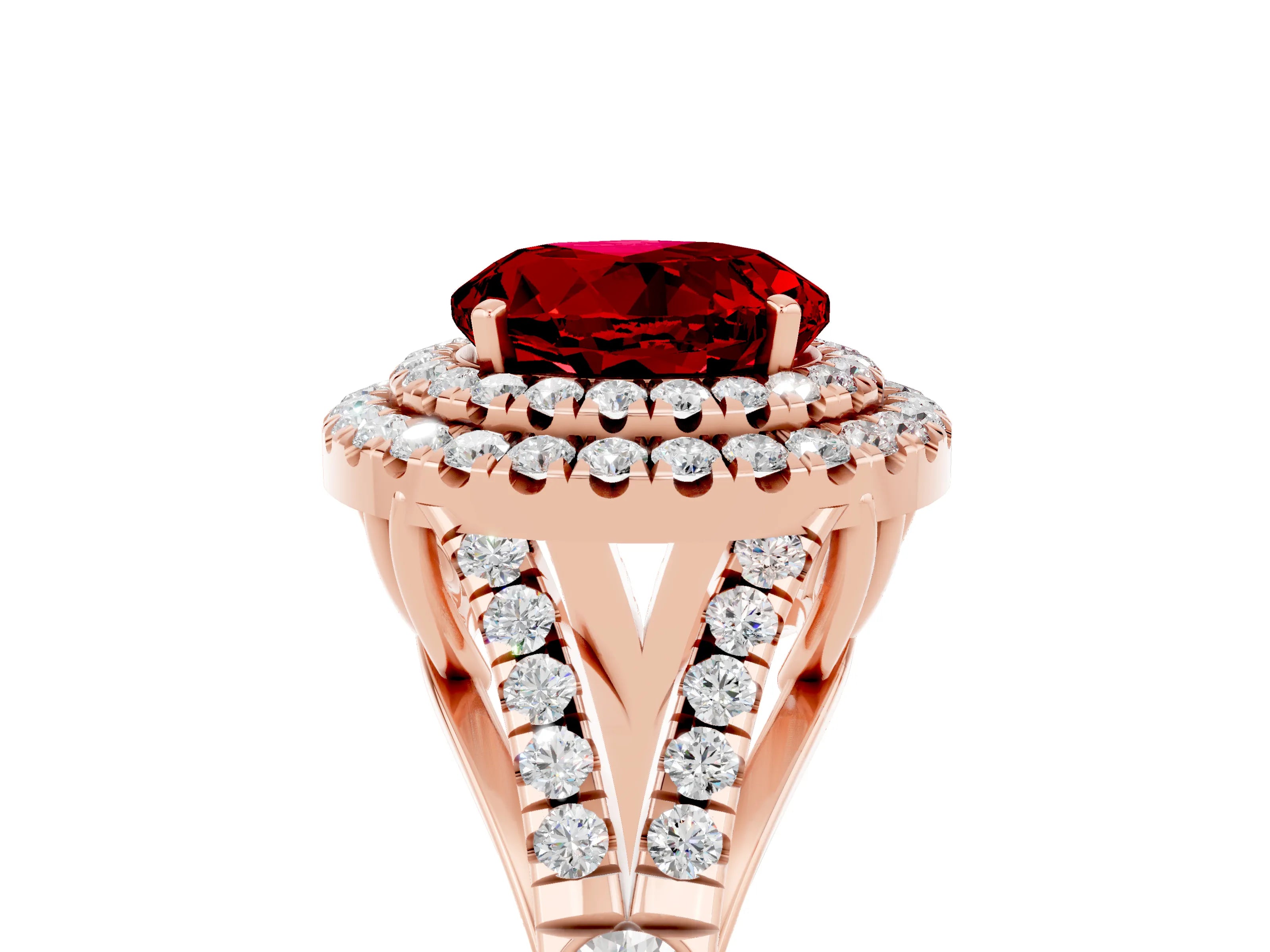 Rose gold Round Cut Ruby Double Halo Ring with Split Shank and Prong Setting_17