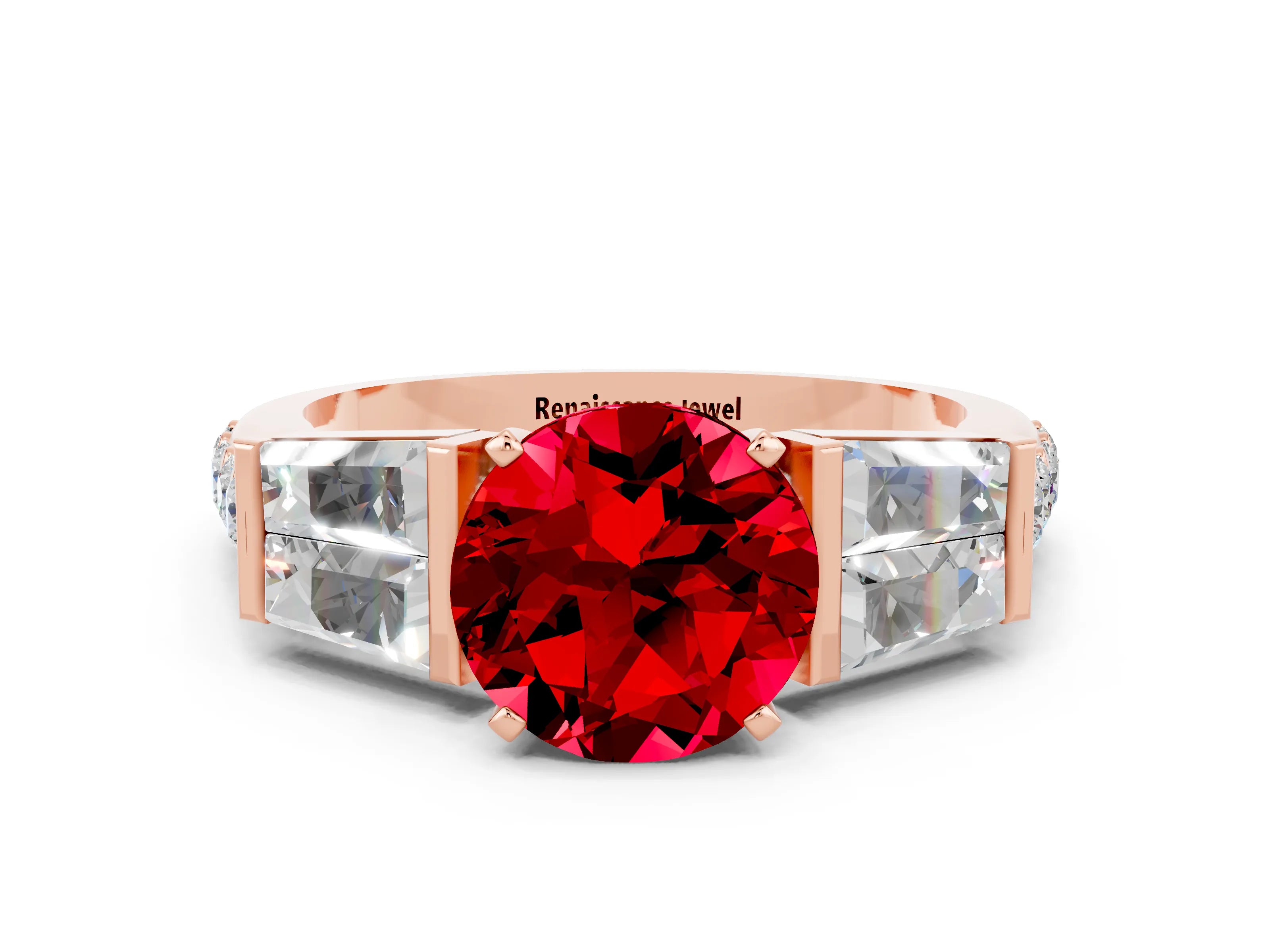 Rose gold Round Cut Ruby Engagement Ring with Baguette Side Stones and Channel Set Band