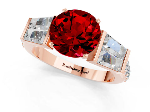 Rose gold Round Cut Ruby Engagement Ring with Baguette Side Stones and Channel Set Band_1