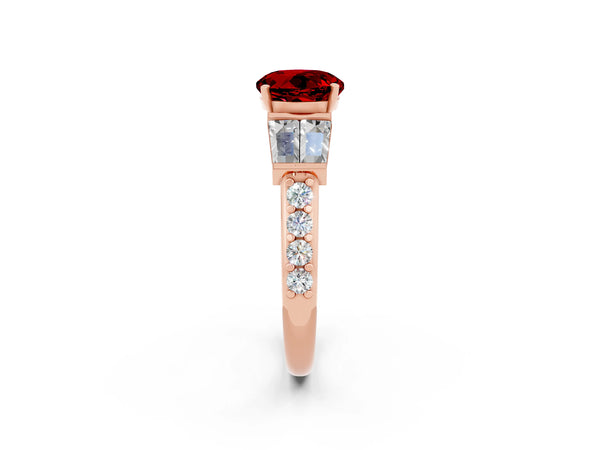 Rose gold Round Cut Ruby Engagement Ring with Baguette Side Stones and Channel Set Band