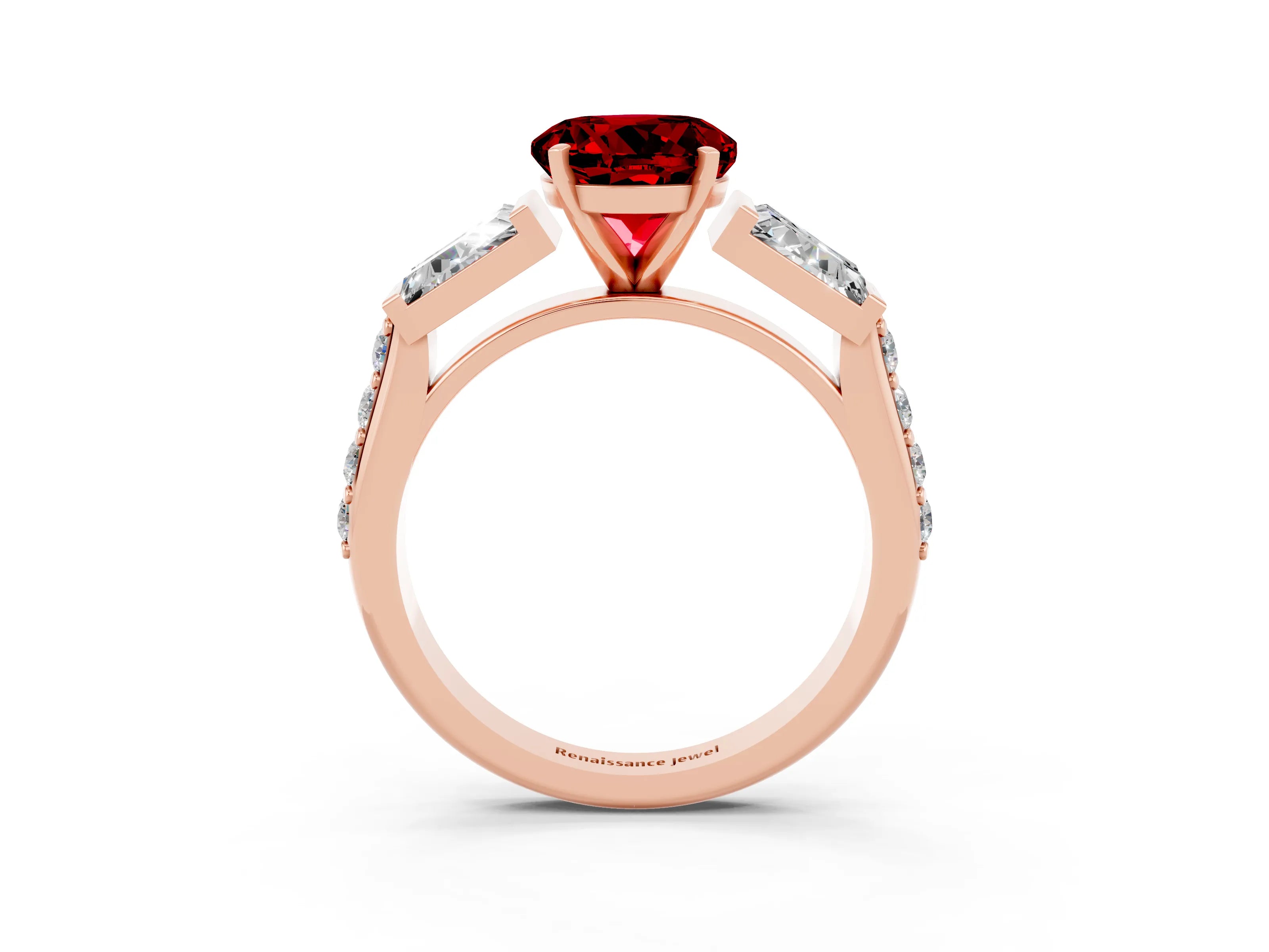 Rose gold Round Cut Ruby Engagement Ring with Baguette Side Stones and Channel Set Band_3