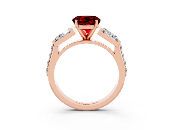 Rose gold Round Cut Ruby Engagement Ring with Baguette Side Stones and Channel Set Band