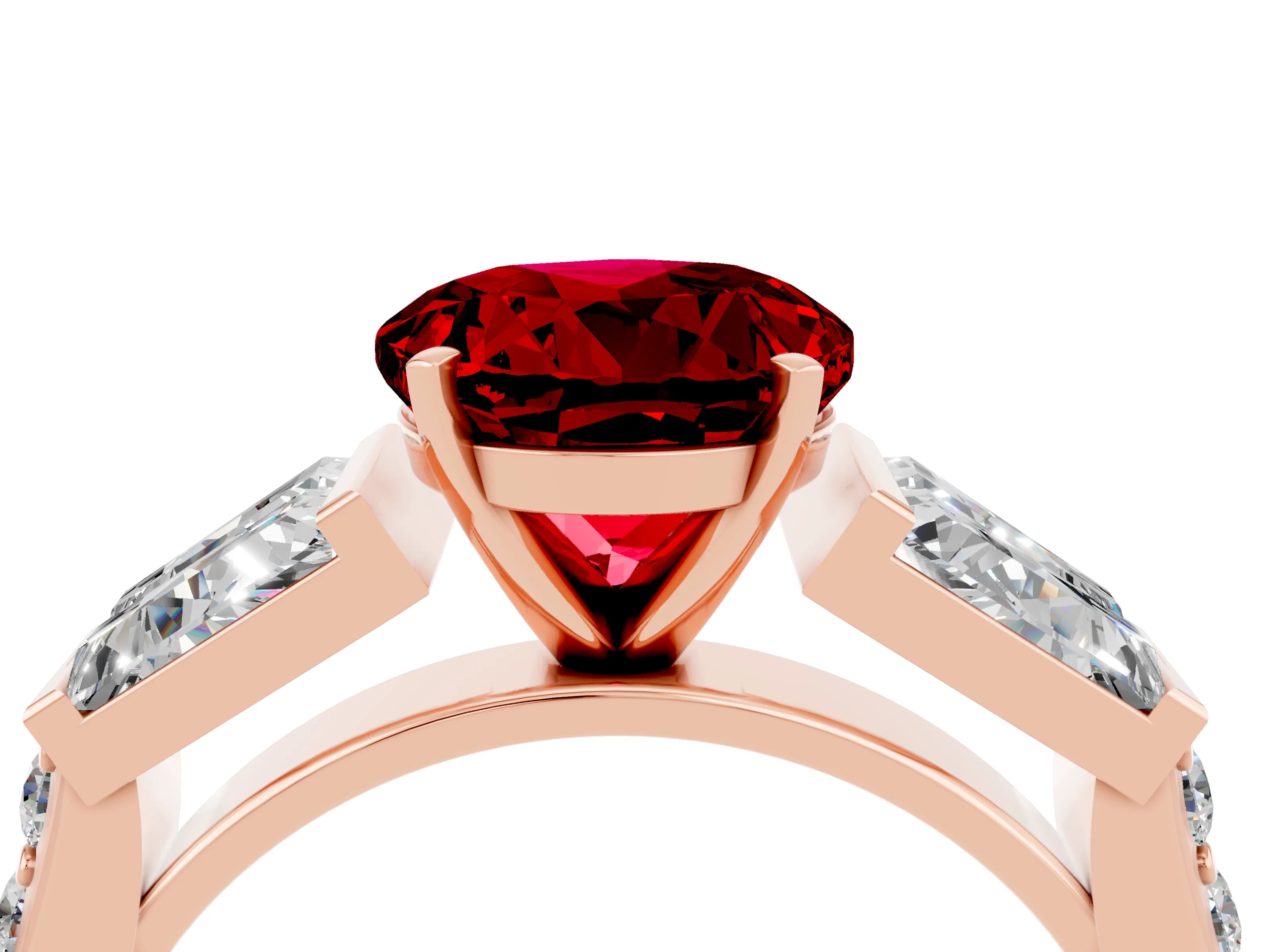 Rose gold Round Cut Ruby Engagement Ring with Baguette Side Stones and Channel Set Band_4