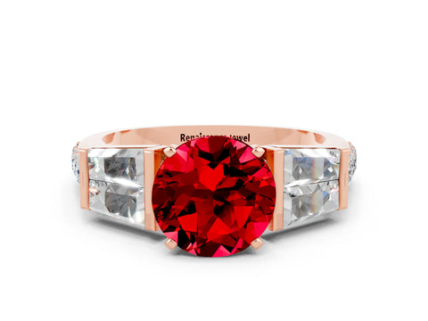 Rose gold Round Cut Ruby Engagement Ring with Baguette Side Stones and Channel Set Band