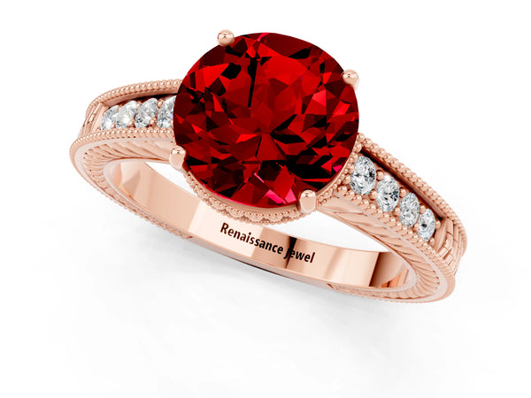 Rose gold Round Cut Ruby Engagement Ring with Milgrain Channel Set Band and Prong Setting