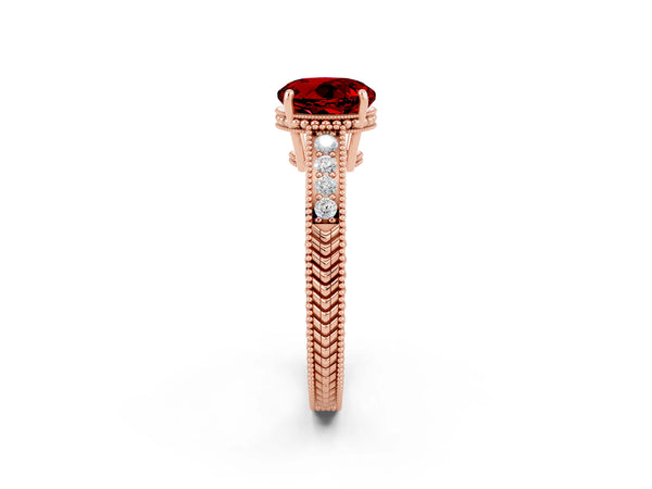 Rose gold Round Cut Ruby Engagement Ring with Milgrain Channel Set Band and Prong Setting