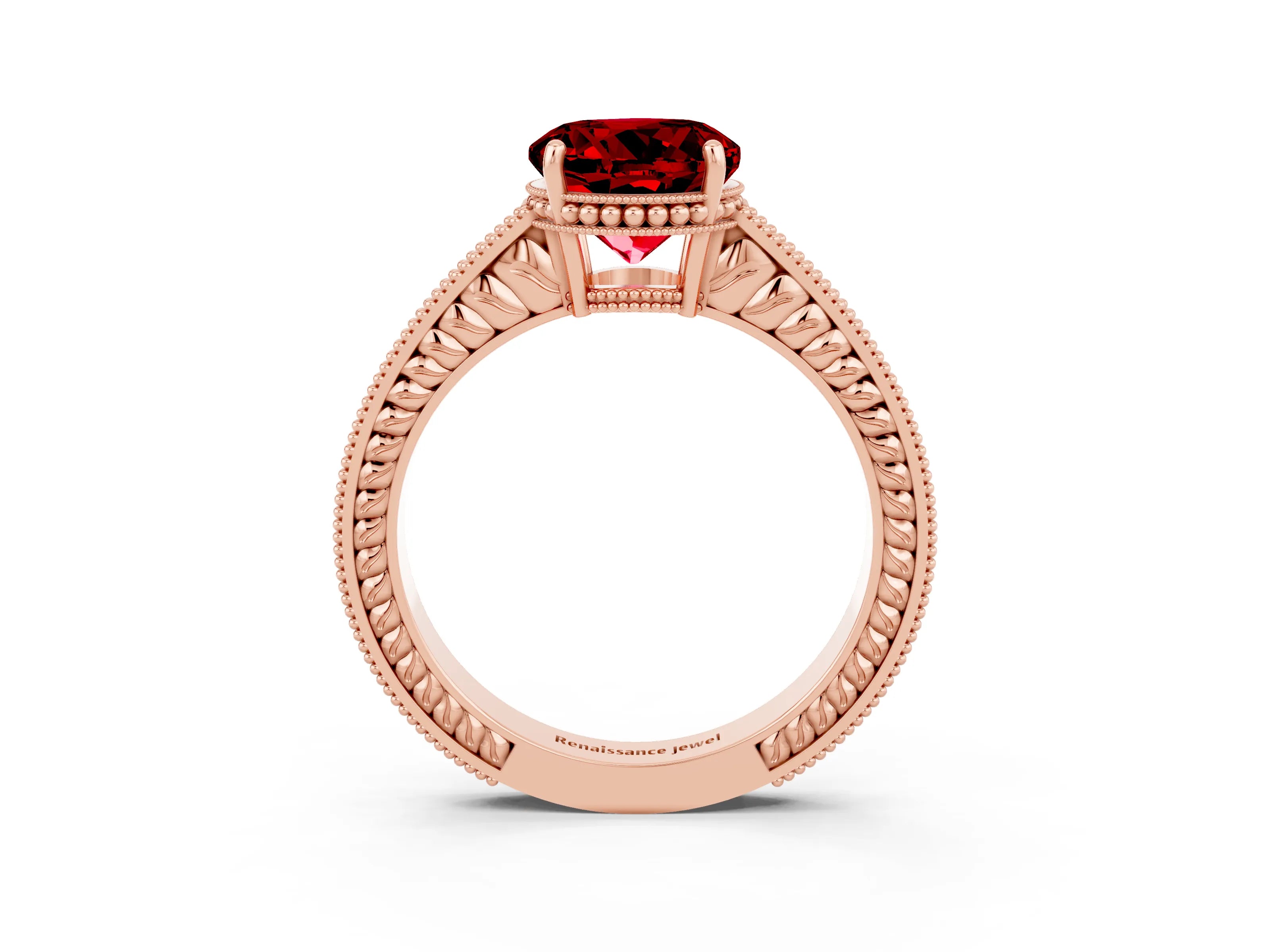 Rose gold Round Cut Ruby Engagement Ring with Milgrain Channel Set Band and Prong Setting_3