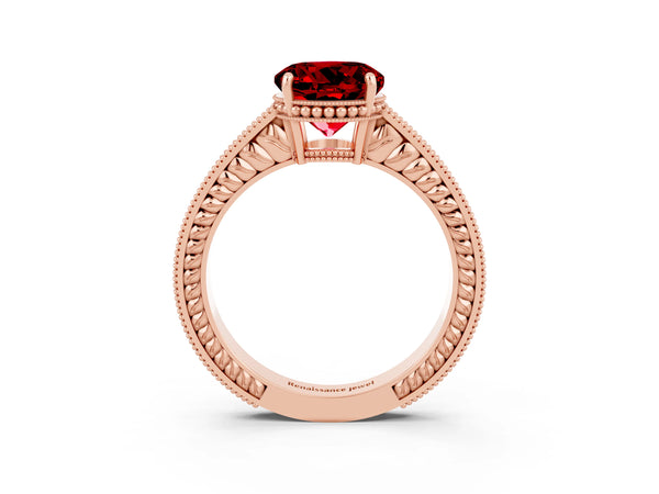 Rose gold Round Cut Ruby Engagement Ring with Milgrain Channel Set Band and Prong Setting
