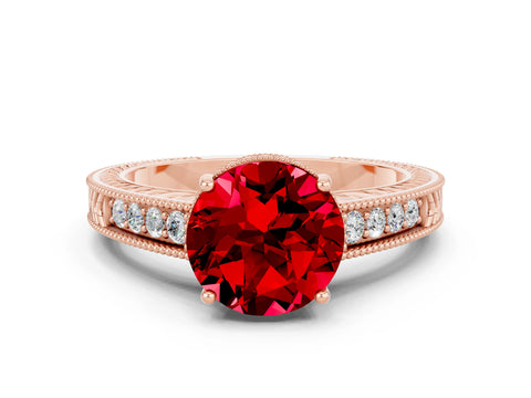 Rose gold Round Cut Ruby Engagement Ring with Milgrain Channel Set Band and Prong Setting