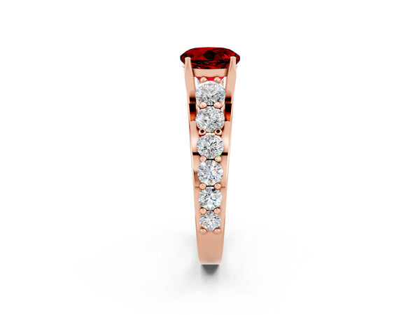 Rose gold Round Cut Ruby Engagement Ring with Pavé Band and Four-Prong Setting