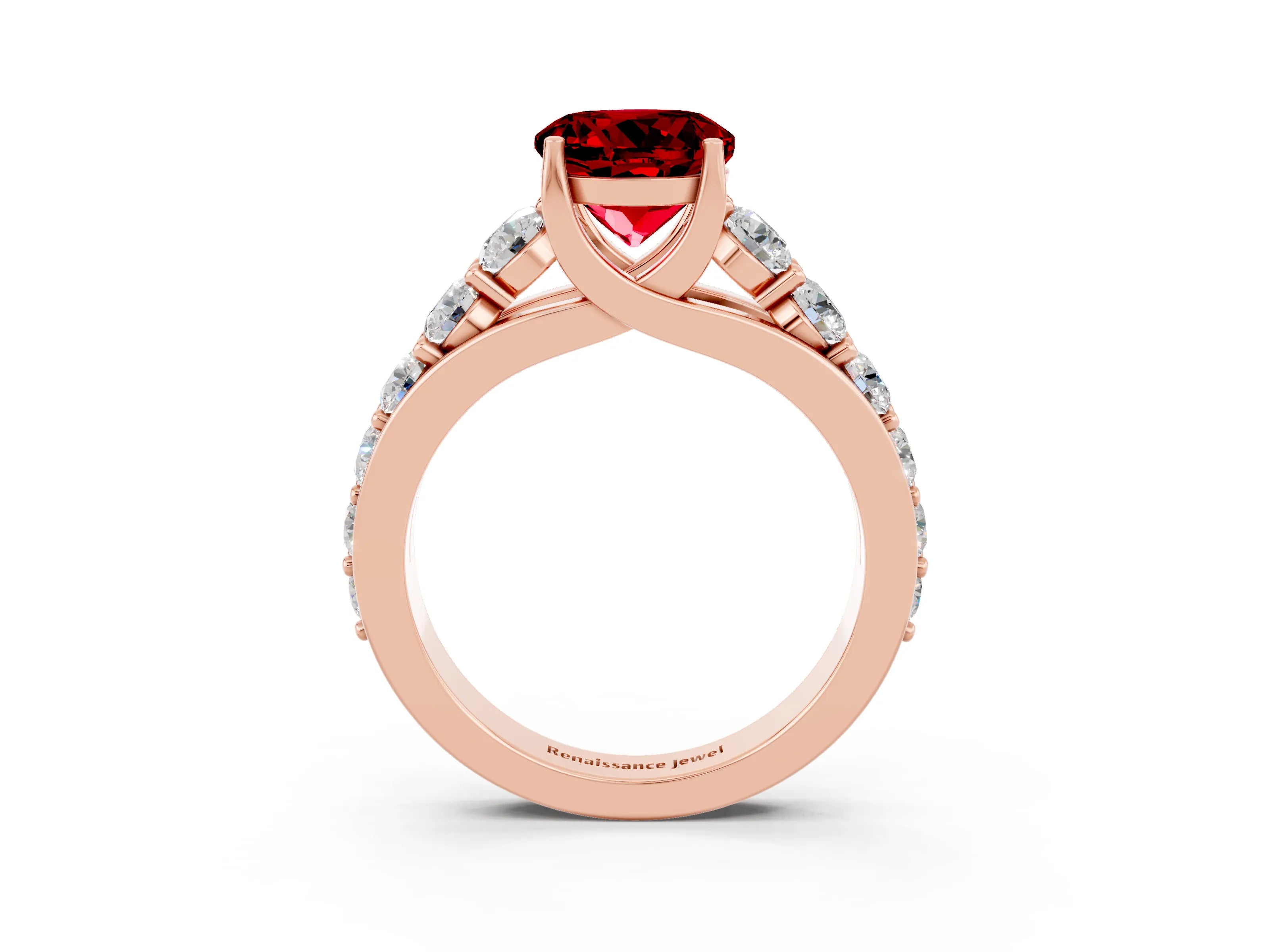 Rose gold Round Cut Ruby Engagement Ring with Pavé Band and Four-Prong Setting_3