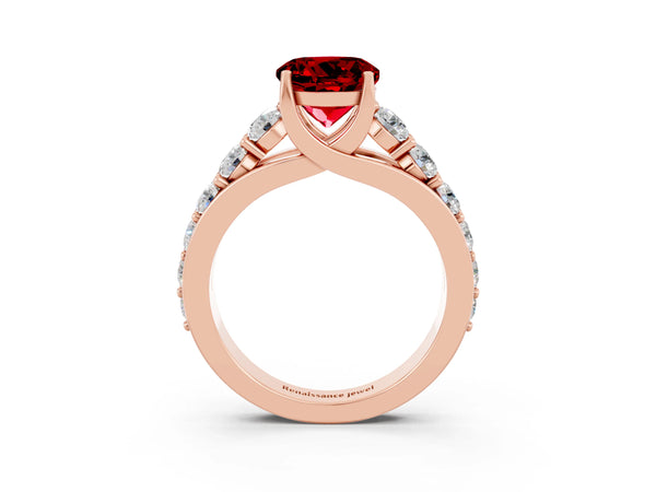 Rose gold Round Cut Ruby Engagement Ring with Pavé Band and Four-Prong Setting
