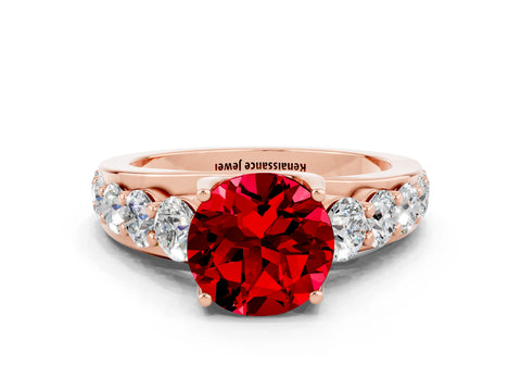 Rose gold Round Cut Ruby Engagement Ring with Pavé Band and Four-Prong Setting